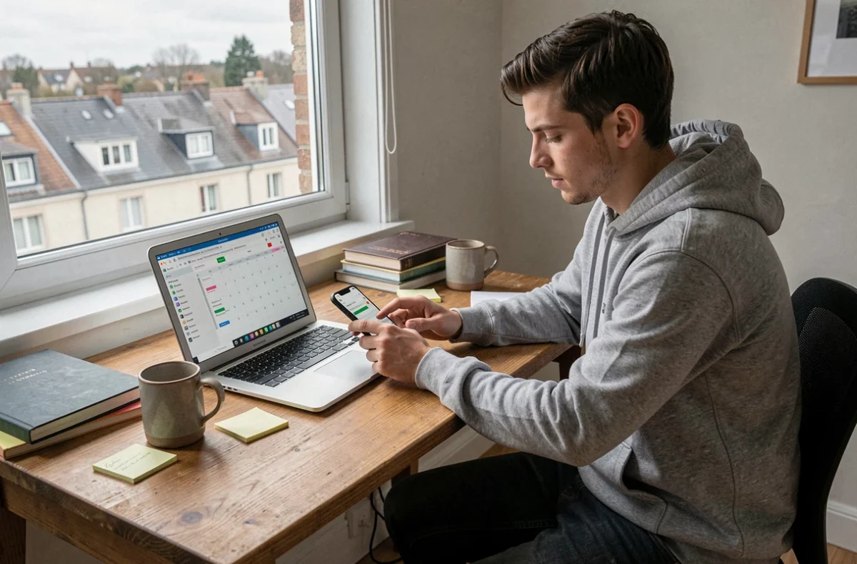 Jeune homme synchronisant les horaires de pri&egrave;res d'Argenteuil entre smartphone et agenda num&eacute;rique sur ordinateur