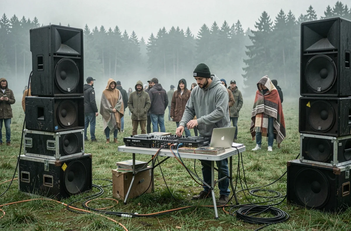 Système de son artisanal installé dans un champ au petit matin lors d'une free party avec DJ et festivaliers en arrière-plan