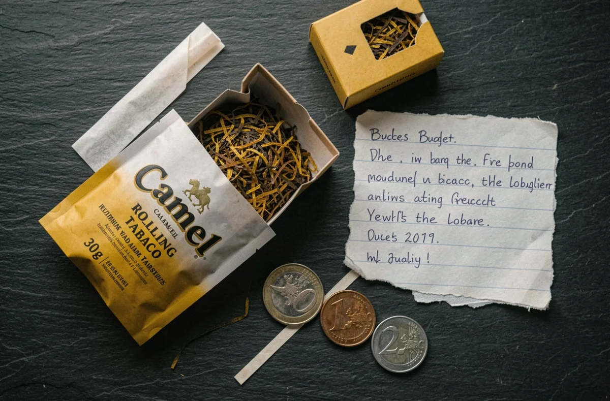 Vue de dessus d'un paquet de tabac Camel 30g ouvert avec pi&egrave;ces de monnaie et note de budget sur ardoise sombre