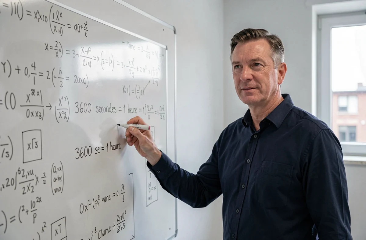 Homme devant un tableau blanc avec des formules de conversion de secondes en heures et minutes