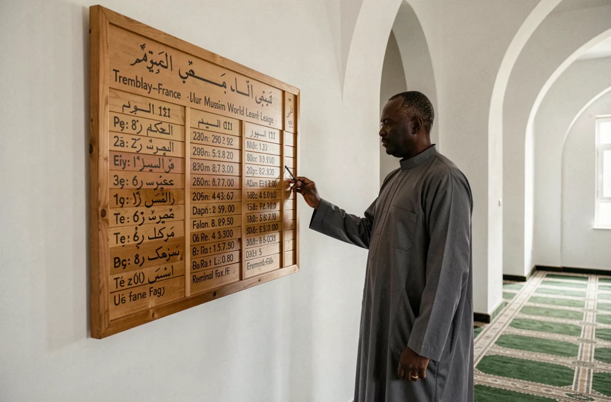 Tableau des horaires de prière affiché dans une mosquée de Tremblay-en-France