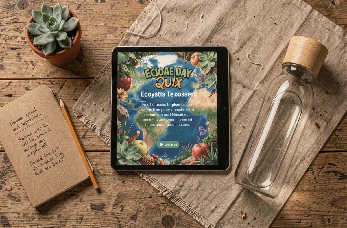 Vue de dessus d'une tablette affichant un quiz de la Journ&eacute;e de la Terre pos&eacute;e sur un bureau avec des accessoires &eacute;cologiques