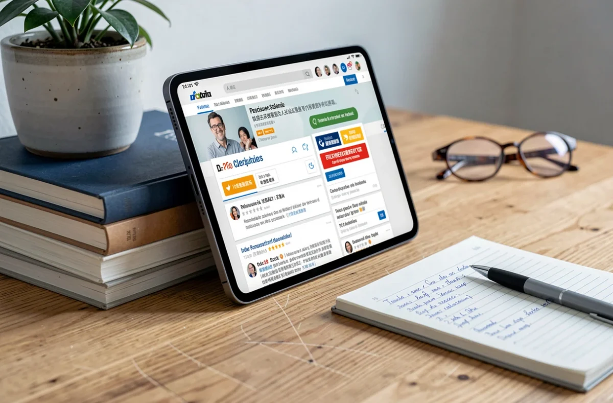 Tablette affichant un site d'avis et de notes en ligne pos&eacute;e sur un bureau avec des notes manuscrites