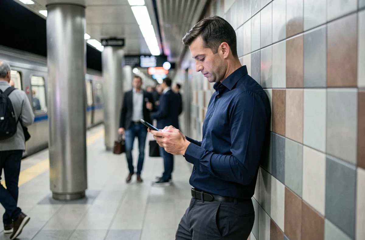 Homme consultant son tchat NRJ sur smartphone dans une station de métro moderne