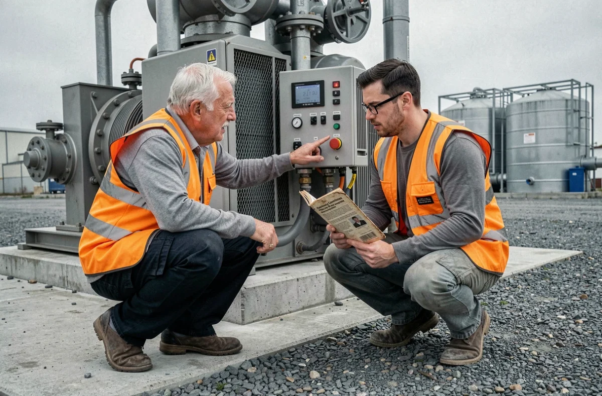 Deux techniciens industriels consultant un afficheur de pression en psi et un guide de conversion bar sur un site ext&eacute;rieur