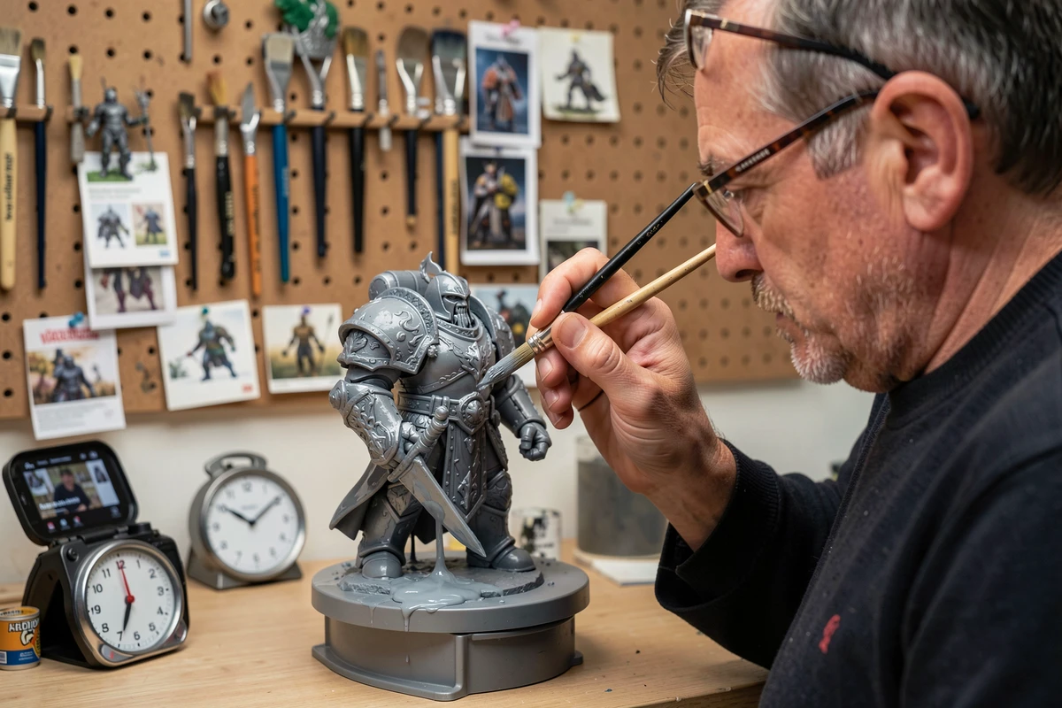 Homme appliquant de la peinture Contrast Citadel sur une figurine Warhammer Chaos Knight pour une technique rapide et efficace