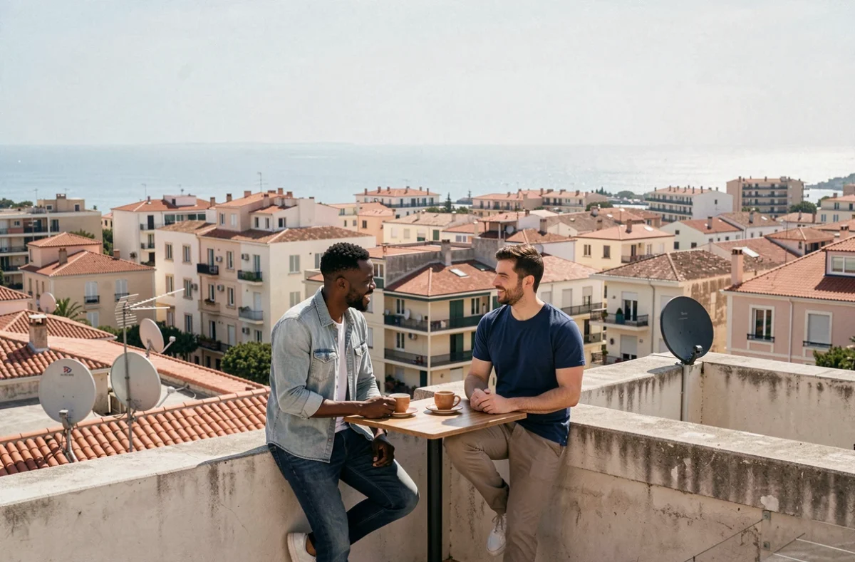 Deux hommes conversant sur une terrasse avec vue panoramique sur les quartiers nord de Marseille et la mer en arrière-plan