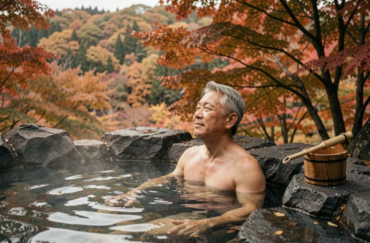 Homme âgé se relaxant dans un rotenburo japonais en plein air entouré de feuillages d'automne