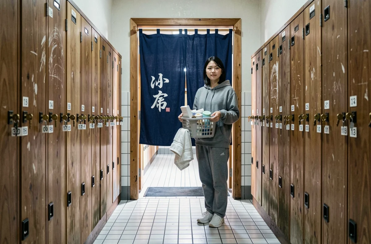Couloir d'entrée d'un sento japonais avec noren indigo, casiers en bois et femme tenant un panier de bain