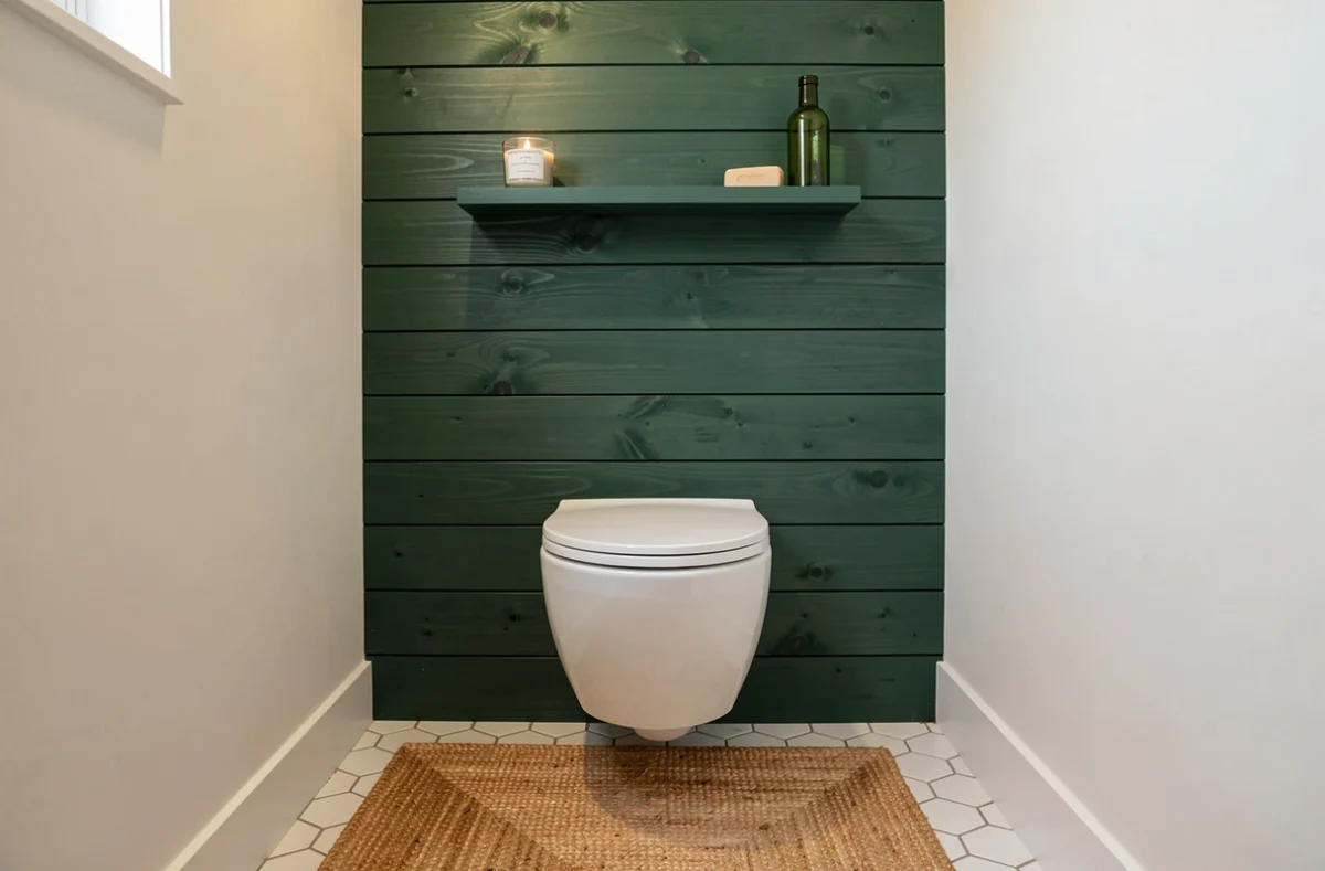 Toilette suspendu encastr&eacute; dans une fausse cloison en bois peint vert for&ecirc;t pour une d&eacute;co WC petit budget