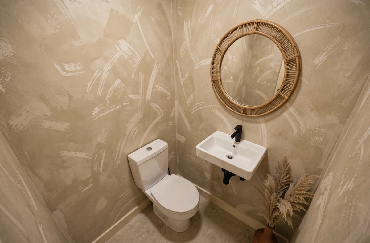 Vue d'ensemble de WC avec toilette suspendu, mur en peinture chaux et d&eacute;co naturelle rattan et pampa pour petit budget