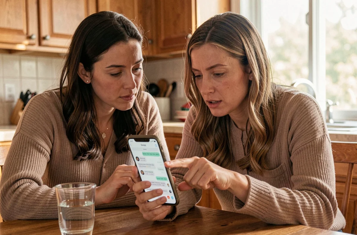 Femme montrant ouvertement des messages sur son t&eacute;l&eacute;phone &agrave; une amie attentive, illustrant la transparence totale sur la situation