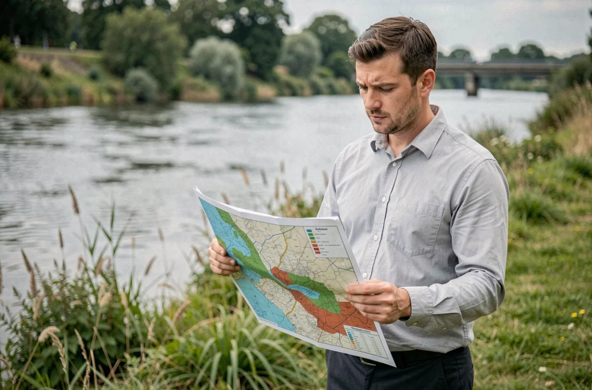 Urbaniste examinant une carte des zones inondables imprimée en bord de rivière lors d'une évaluation des risques naturels