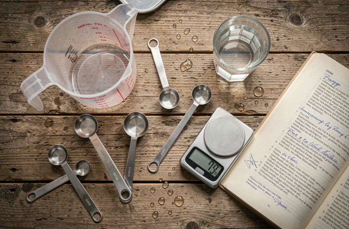 Vue aérienne de ustensiles de mesure de cuisine incluant un verre gradué en cl et ml, des cuillères doseuses et une balance numérique sur une table en bois