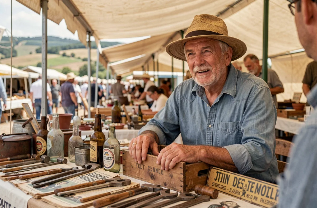 Vendeur de brocante assis derrière son étal d'objets anciens lors d'un vide-grenier dans le 82