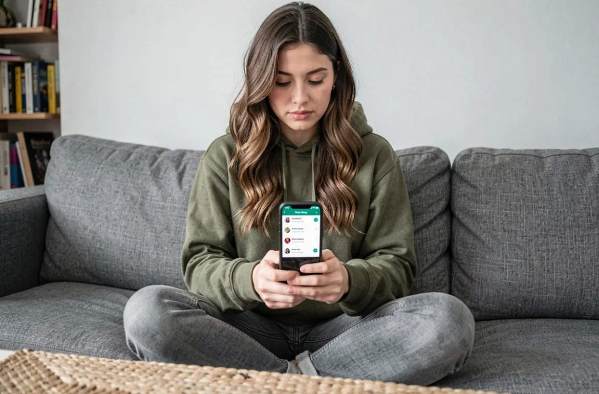 Jeune femme g&eacute;rant la corbeille et le stockage de WhatsApp sur son t&eacute;l&eacute;phone depuis son canap&eacute;