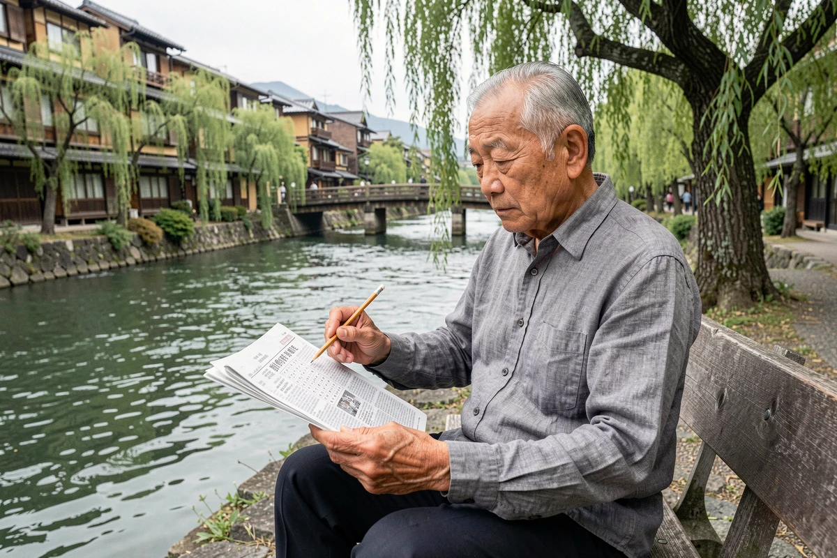 Vieil homme r&eacute;solvant des mots crois&eacute;s au bord de la rivi&egrave;re Kamo &agrave; Kyoto