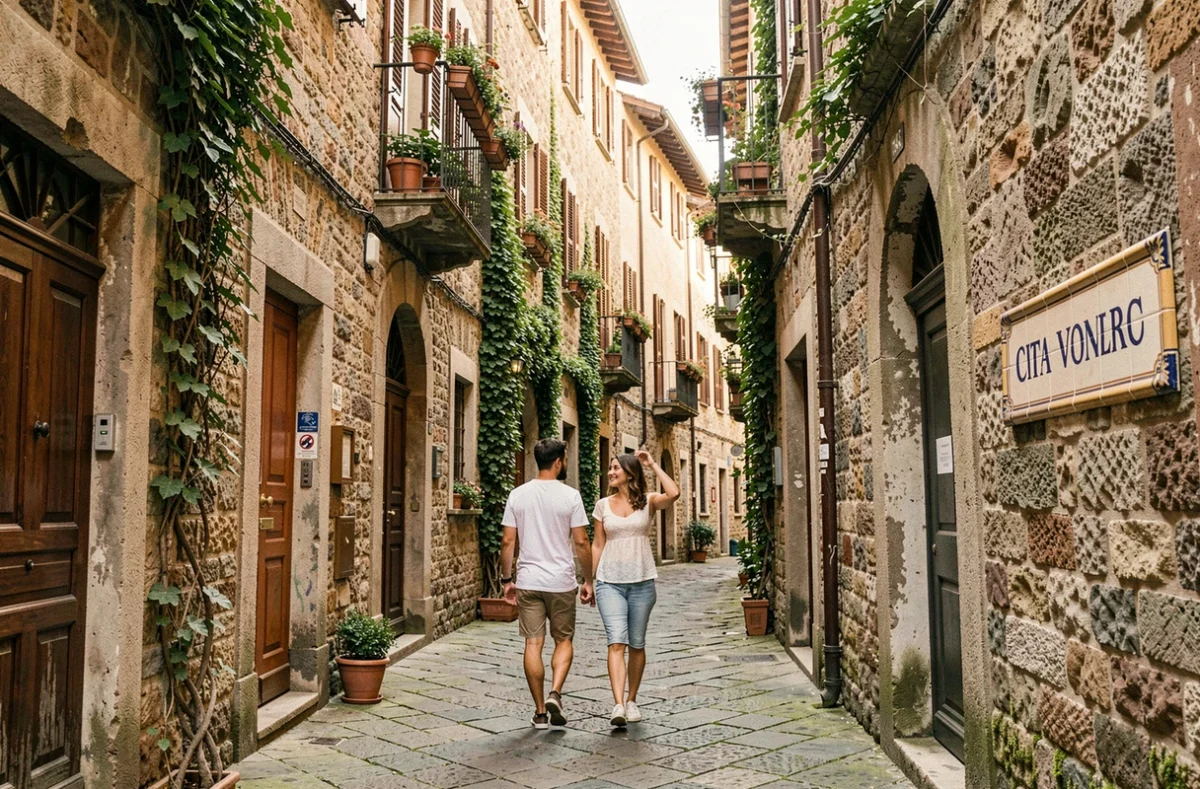 Ruelle m&eacute;di&eacute;vale d'une ville italienne en 5 lettres avec panneau de rue en c&eacute;ramique peinte et couple en balade