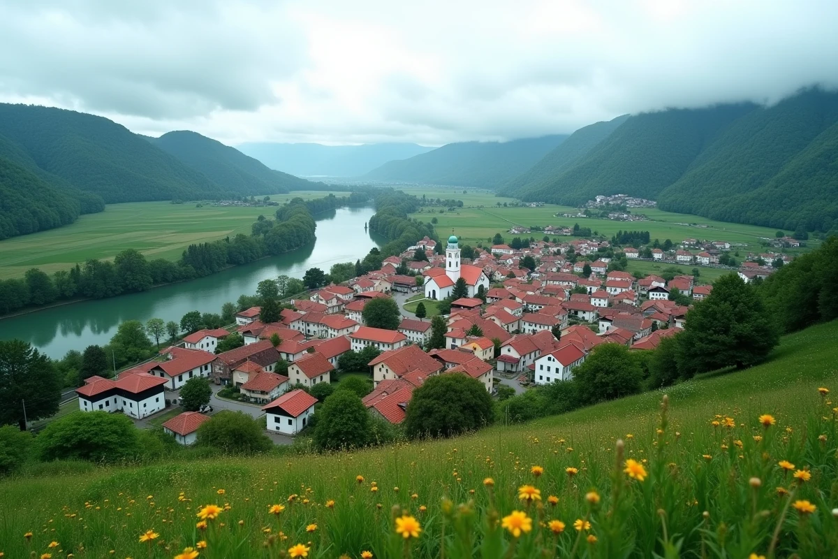 Vue panoramique d'une petite ville serbe aux toits rouges nich&eacute;e dans une vall&eacute;e verdoyante avec une &eacute;glise orthodoxe