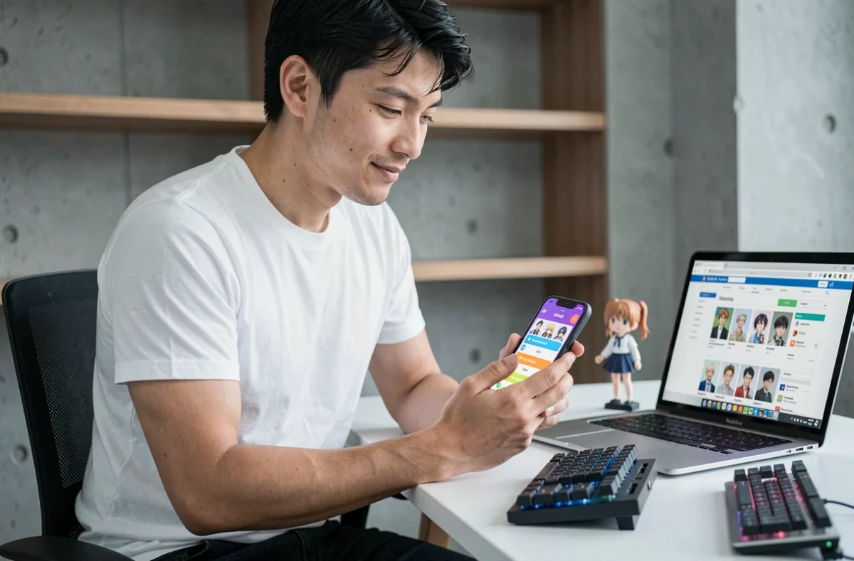 Jeune homme votant pour son anime husbando préféré sur un sondage en ligne depuis son appartement moderne