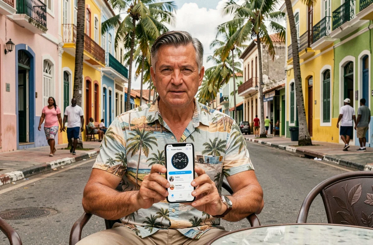 Voyageur consultant l'heure locale sur son téléphone dans une rue colorée de Cayenne en Guyane française