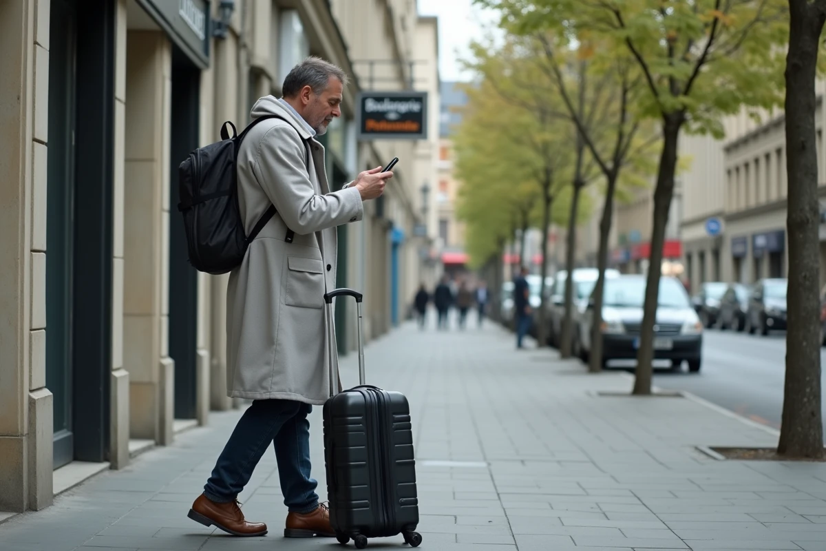 Voyageur musulman consultant les horaires de pri&egrave;re sur son t&eacute;l&eacute;phone dans une rue de Mantes-la-Jolie