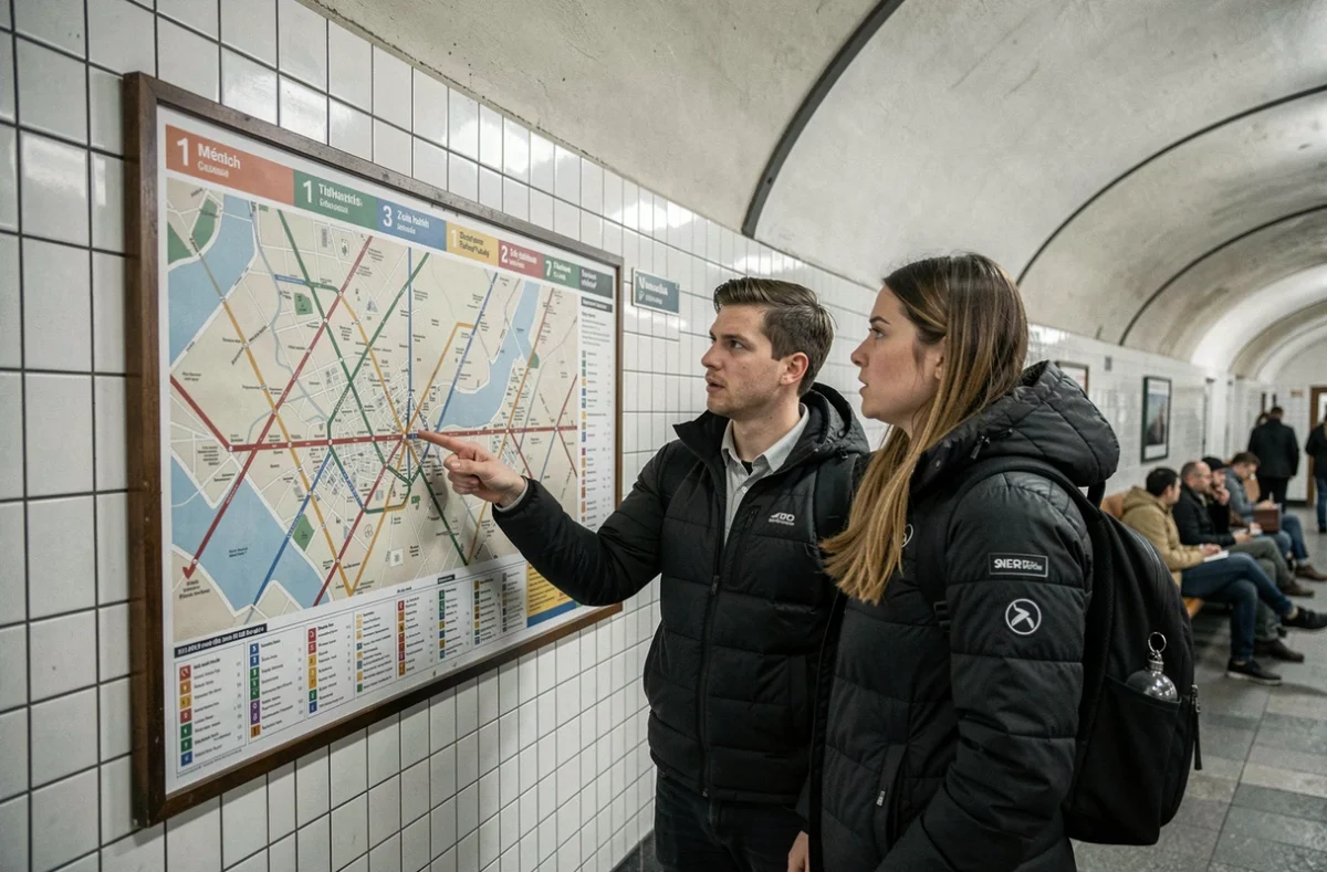 Deux voyageurs étudiant une carte des zones Navigo 1 à 3 dans une station de métro parisienne