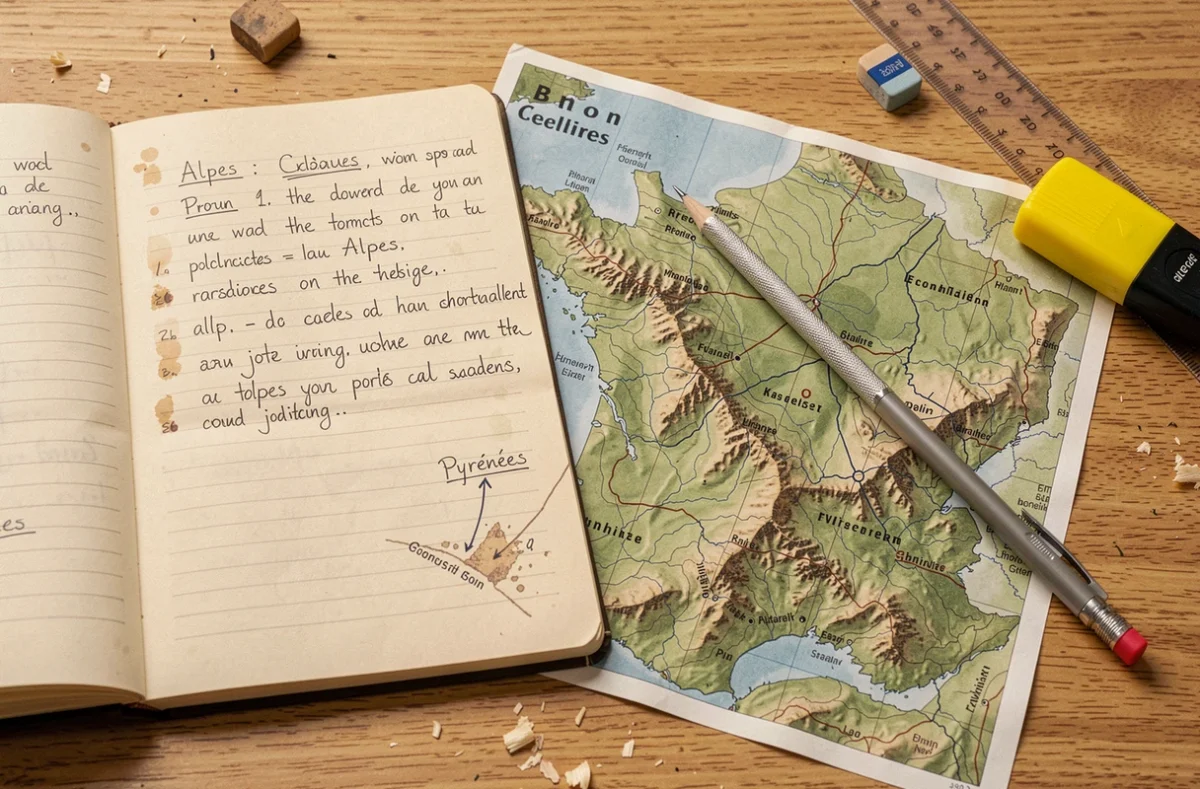 Vue a&eacute;rienne rapproch&eacute;e d'une carte topographique haute r&eacute;solution des montagnes de France pos&eacute;e sur un bureau scolaire avec un cahier de notes