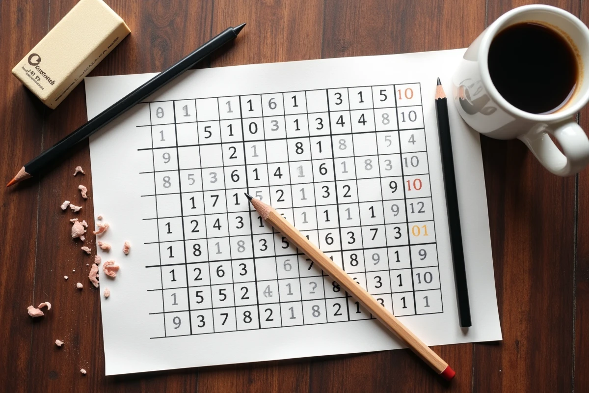 Vue aérienne d'une grille de sudoku imprimée avec crayon et café, évoquant le défi intellectuel du puzzle