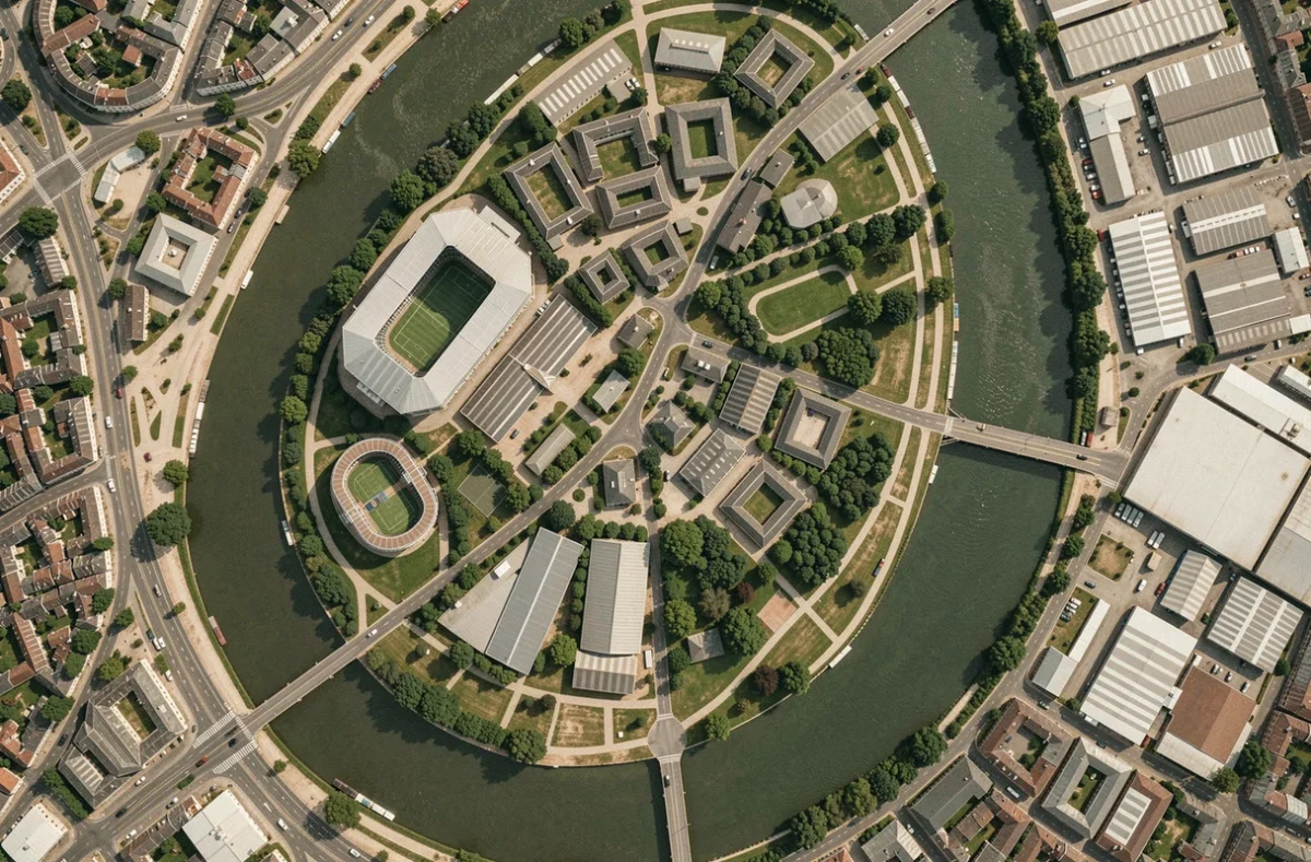 Vue satellite orthographique de l'Île du Ramier à Toulouse avec la Garonne et les infrastructures urbaines