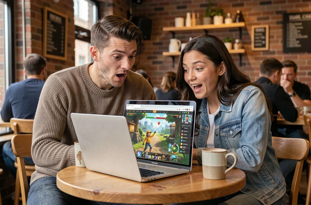 Deux amis d&eacute;couvrant un war game en ligne sur navigateur dans un caf&eacute; urbain