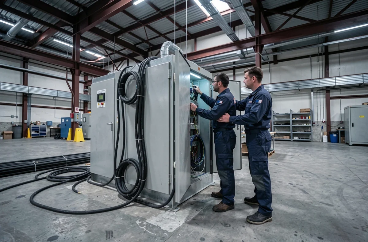 Deux &eacute;lectriciens de 2R ELEC travaillant sur un tableau industriel dans un entrep&ocirc;t ard&eacute;chois