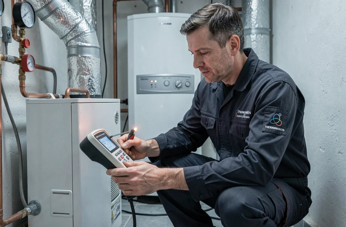 Technicien 3A Thermie diagnostiquant une panne de chauffage en urgence dans le 91