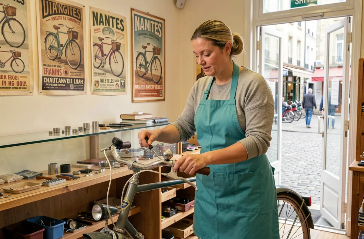 R&eacute;paratrice d'A Bicyclette serrant le guidon d'un v&eacute;lo hollandais dans sa boutique nantaise