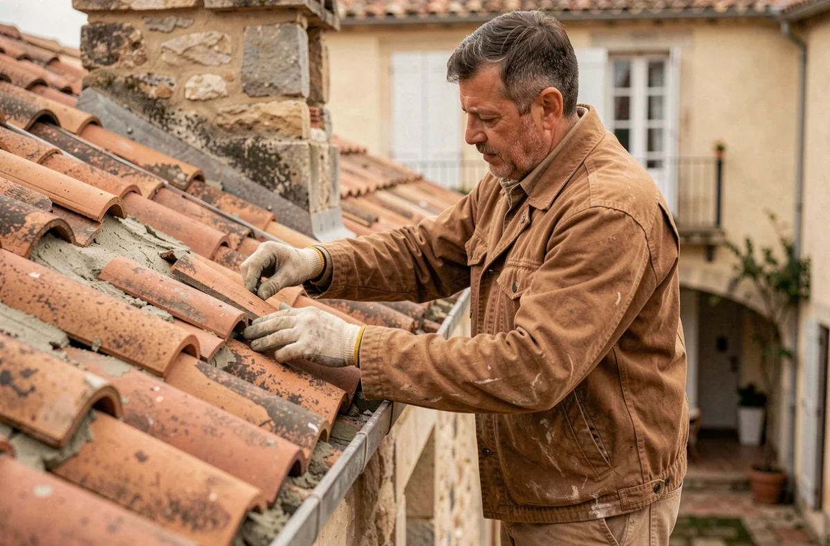 Artisan couvreur remplaçant des tuiles cassées sur une maison de ville traditionnelle à Montpellier