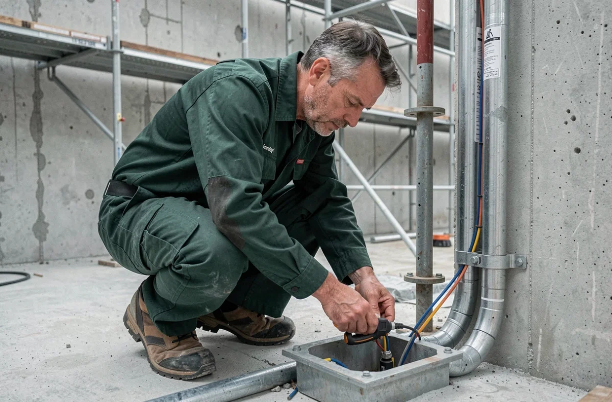 &Eacute;lectricien d'A2mk Electricite connectant des c&acirc;bles dans un bo&icirc;tier de sol sur un chantier &agrave; Argenteuil