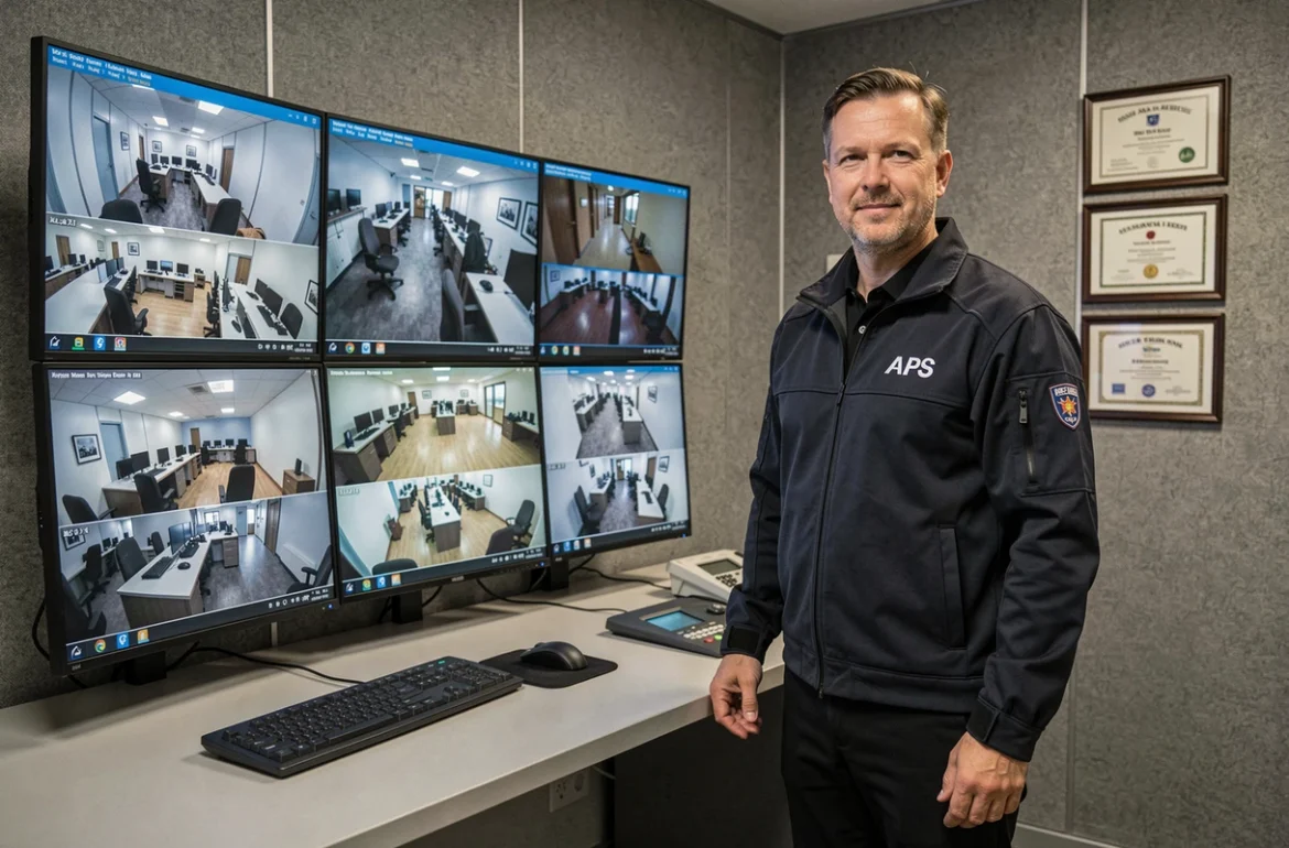 Agent Aaron Protection Securite APS devant une console de supervision avec flux vidéo en temps réel