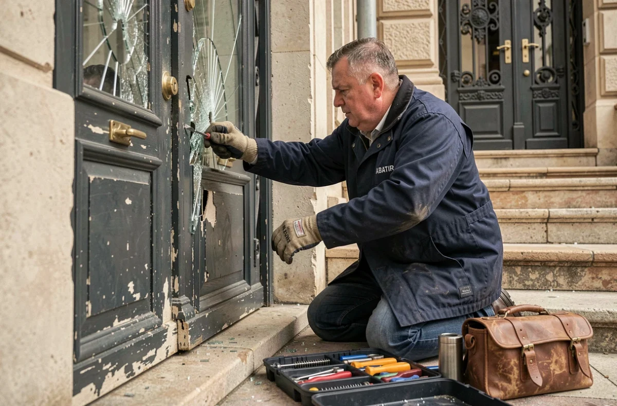 Serrurier-vitrier ABATIR 69 r&eacute;parant la vitre d'une porte d'entr&eacute;e sur un immeuble lyonnais