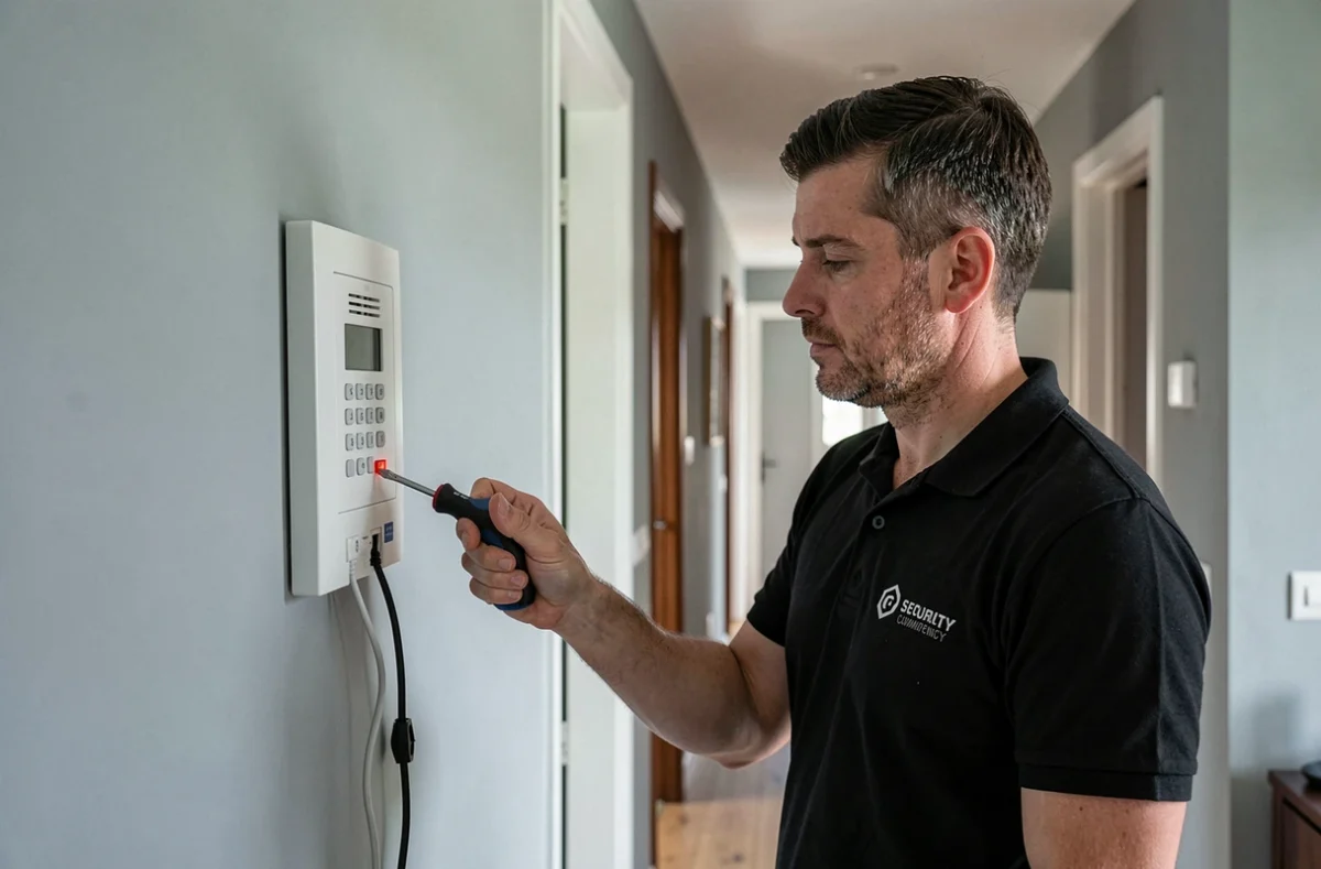 Technicien d'ABC Le Concept S&eacute;curit&eacute; installant un syst&egrave;me d'alarme dans une maison &agrave; Argenteuil