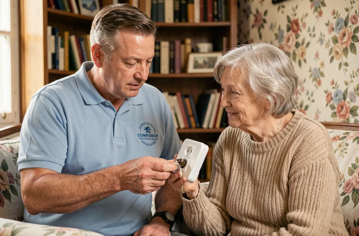 Technicien Acces Seniors expliquant une r&eacute;paration &eacute;lectrique &agrave; une personne &acirc;g&eacute;e dans son domicile en Maine-et-Loire