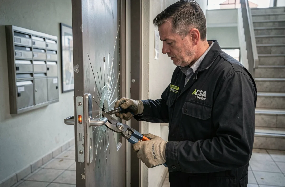 Technicien ACSA Serrurerie s&eacute;curisant et rempla&ccedil;ant une vitre de porte apr&egrave;s une effraction dans un immeuble lyonnais