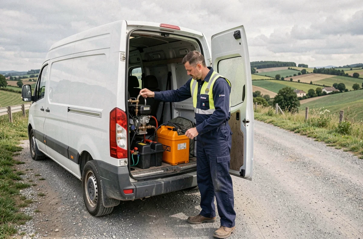 Technicien Actuel Service chargeant son mat&eacute;riel dans son camion en Auvergne-Rh&ocirc;ne-Alpes pour un d&eacute;pannage