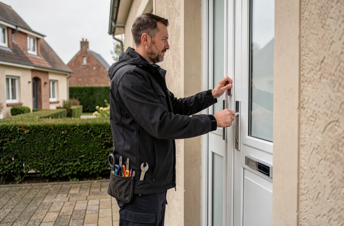Spécialiste d'AD-SPV installant un système de verrouillage multipoint sur une porte en PVC dans un quartier résidentiel