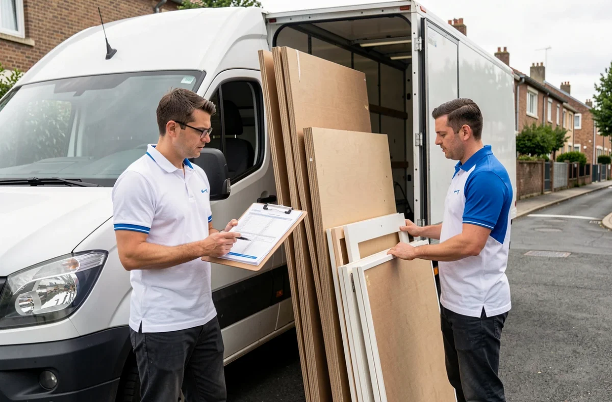 Deux d&eacute;m&eacute;nageurs en polo blanc et bleu d&eacute;chargeant des meubles en kit d'une camionnette de d&eacute;m&eacute;nagement dans une rue r&eacute;sidentielle d'Angers