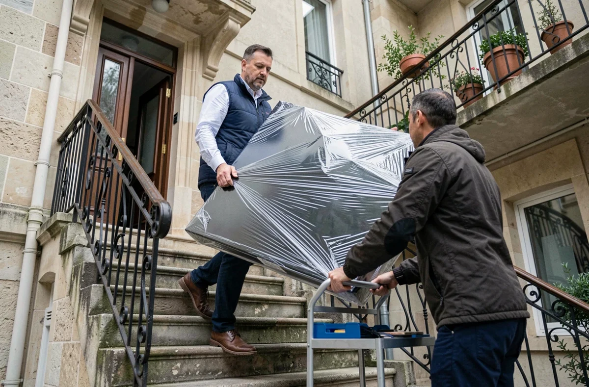 Déménageur d'ADC Déménagement portant un téléviseur emballé dans l'escalier d'un immeuble à Besançon