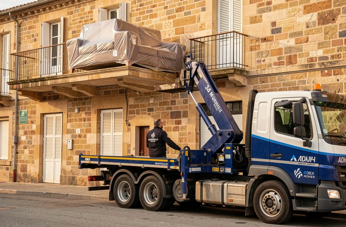 Déménageur ADH 34 utilisant une plateforme élévatrice pour monter un canapé à Montpellier