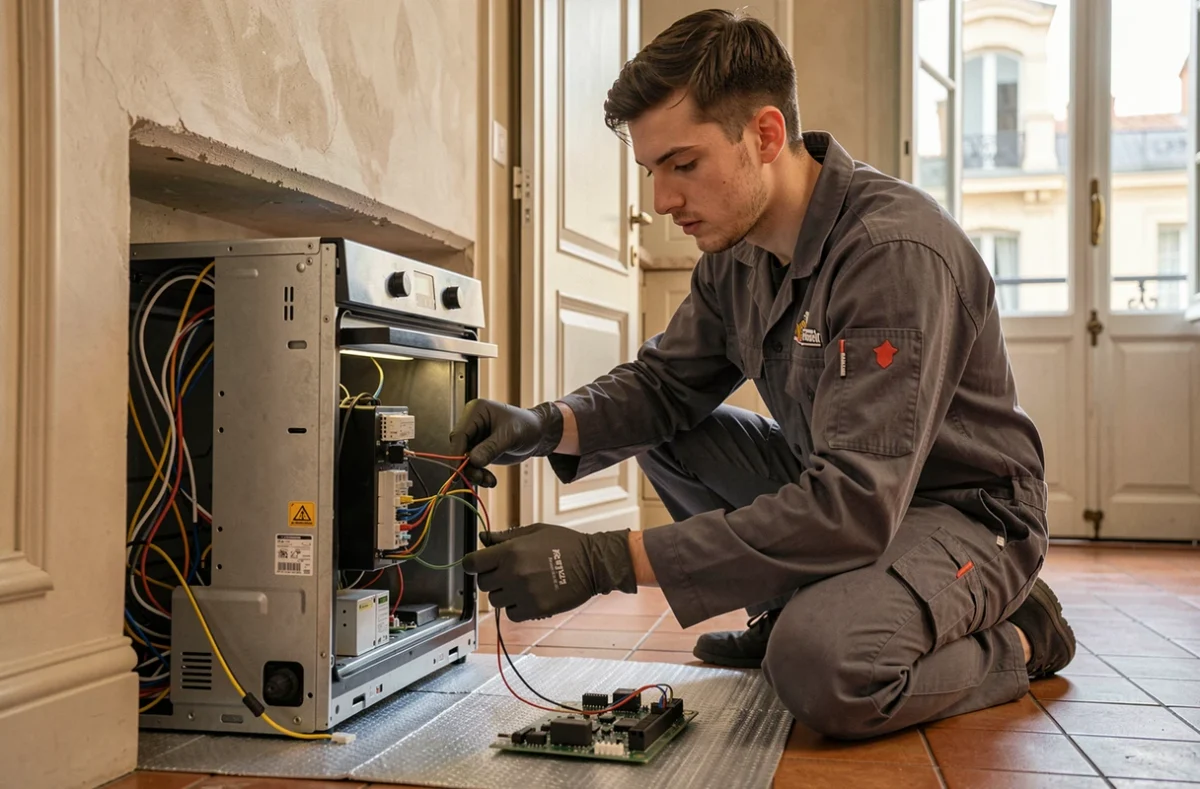 Électricien de A.E.C inspectant les composants électroniques d'un four dans un appartement marseillais