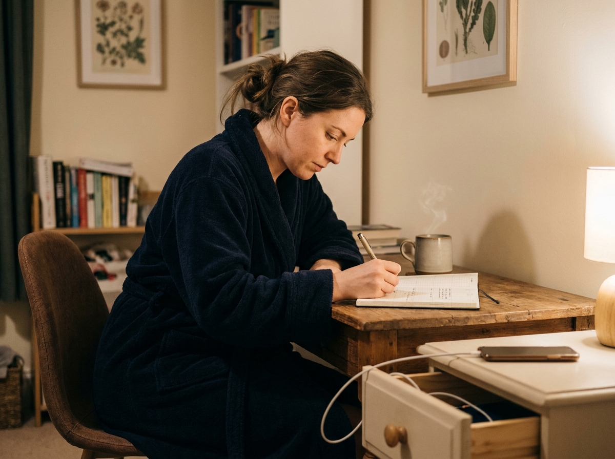 Femme d'une quarantaine d'ann&eacute;es &eacute;crivant dans un agenda du soir &agrave; son bureau, tasse de tisane pos&eacute;e &agrave; c&ocirc;t&eacute;, t&eacute;l&eacute;phone rang&eacute; pour mieux dormir