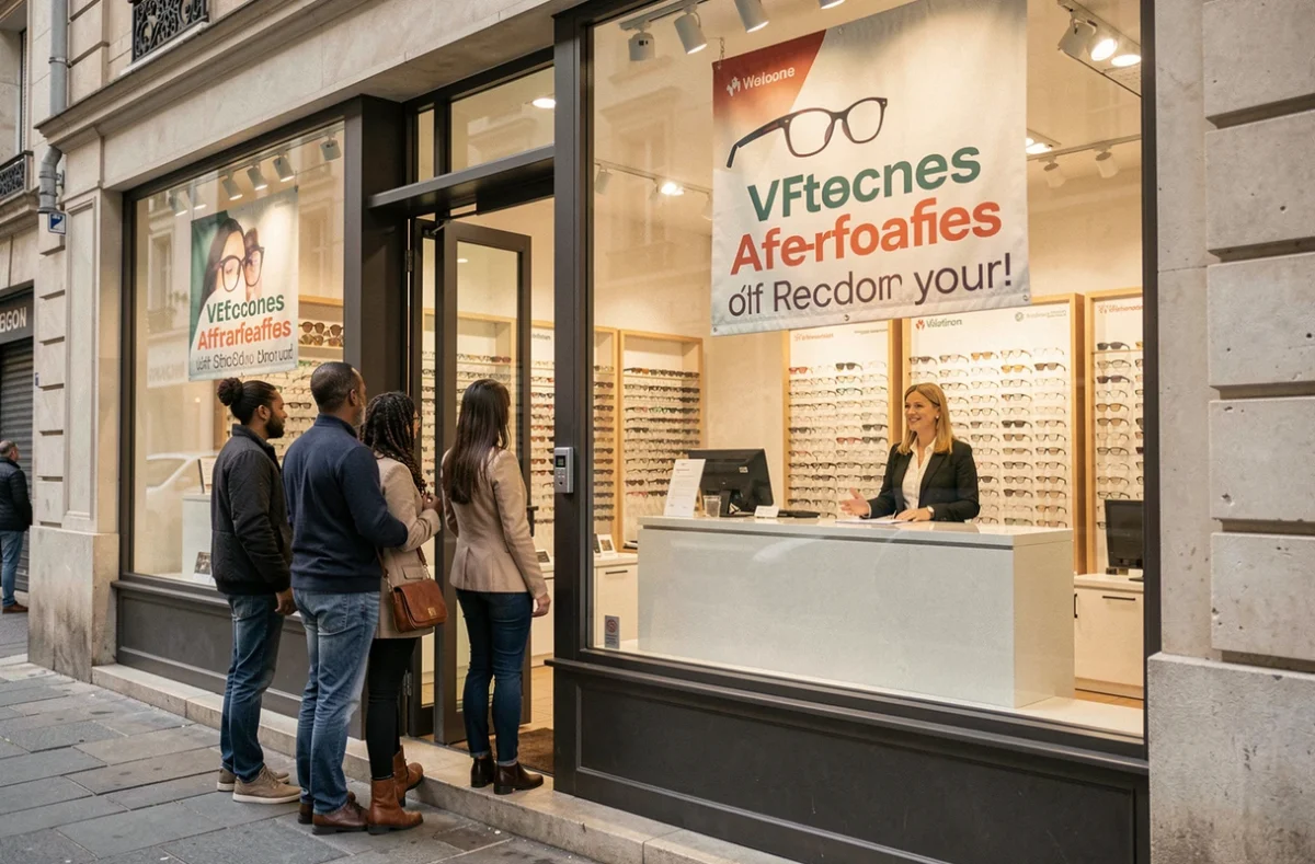 Entr&eacute;e du magasin Alain Afflelou &agrave; &Eacute;vreux avec des affiches promotionnelles et une opticienne accueillant des clients