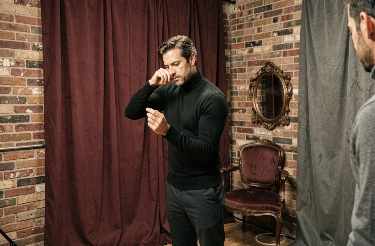 Alexandre Delon dans son studio artistique à Toulouse, arrangeant une mise en scène de portrait avec des accessoires vintage et des toiles de fond texturées